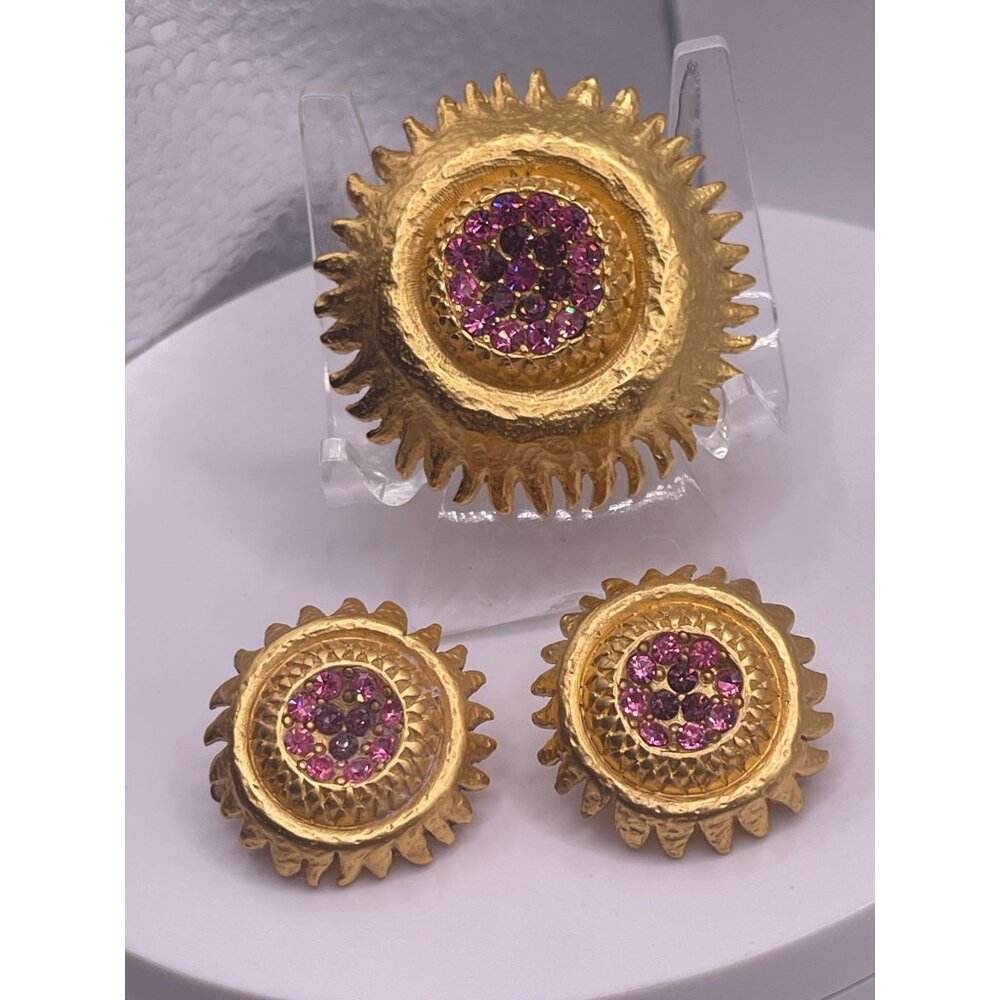 Vintage Gold-Tone Starburst Brooch & Earrings Set With Pink Ruby Glass Rhineston